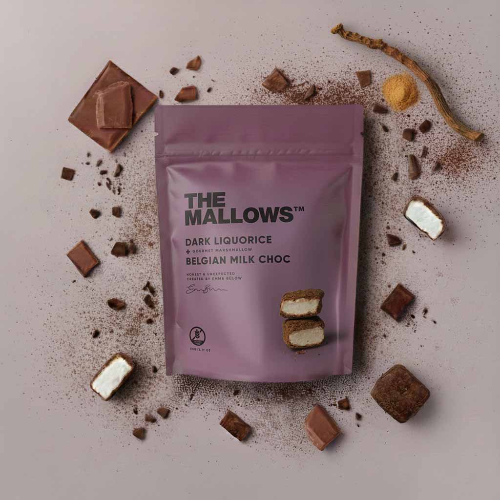 THE MALLOWS LIQUORICE + BELGIAN MILK CHOC - gurmeevahukomm 90g